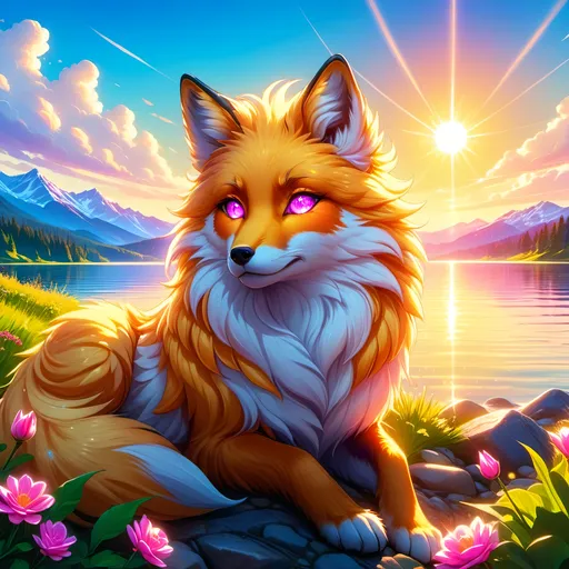 Prompt: beautiful young golden fox prodigy with (white-gold fur) and glowing (ruby magenta eyes), {sky blue paws and ears, curly blue hair}, feral, epic anime portrait, close up, sunny colors, brilliant sunrise, beautiful 8k eyes, light fluffy clouds, lush verdant greenery, close up, fine oil painting, low angle view, soft HD fur, (unsheathed claws), visible claws, 64k, hyper detailed, expressive, energetic, vibrant, fluffy mane, petite, deep blue sky, colorful stones, glistening golden fur, bashful rosy cheeks, sprawled at a lake shore, golden ratio, precise, perfect proportions, vibrant colors, vivid colors, lying by a sun-bathed lake, hyper detailed, complementary colors, UHD, HDR, top quality artwork, beautiful detailed background, unreal 5, artstaion, deviantart, instagram, professional, masterpiece