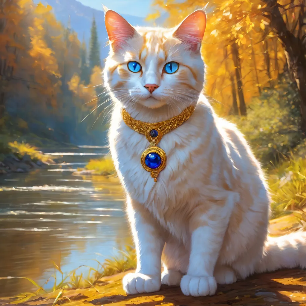 warrior cat with pearl-gold fur and sapphire blue ey... | OpenArt