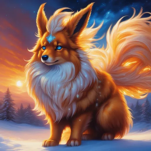 Prompt: {Flareon}, brilliant {blue eyes}, flame, fire element, feral, detailed artwork, beautiful oil painting, 64k, detailed background, snowy field, frost, deep starry sky, brilliant sunrise sky, big golden ears, beautiful dark muzzle, big beautiful 8k eyes, brave, vivid colors, thick fluffy fur, glowing fiery aura, thick billowing mane, intricately detailed fur, beautiful detailed eyes, , by Anne Stokes, golden ratio, perfect proportions, vibrant, hyper detailed, complementary colors, UHD, beautiful detailed background