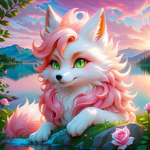 Prompt: (best quality), (masterpiece, (high quality), beautiful young ((nine-tailed fox)), pink fox prodigy with (rose gold fur) and glowing (green eyes), kitsune, feral, wind element, epic anime portrait, close up, sunny colors, brilliant sunrise, beautiful 8k eyes, light fluffy clouds, lush verdant greenery, close up, fine oil painting, low angle view, soft HD fur, (unsheathed claws), visible claws, 64k, hyper detailed, expressive, energetic, vibrant, lush, fluffy mane, petite, deep pink sunset sky, horizontal background, colorful stones, lively, glistening fur, bashful rosy cheeks, sprawled at a lake shore, golden ratio, precise, perfect proportions, vibrant colors, vivid colors, lying by a sun-bathed lake, hyper detailed, complementary colors, UHD, HDR, top quality artwork, beautiful detailed background, unreal 5, artstaion, deviantart, instagram, professional, masterpiece