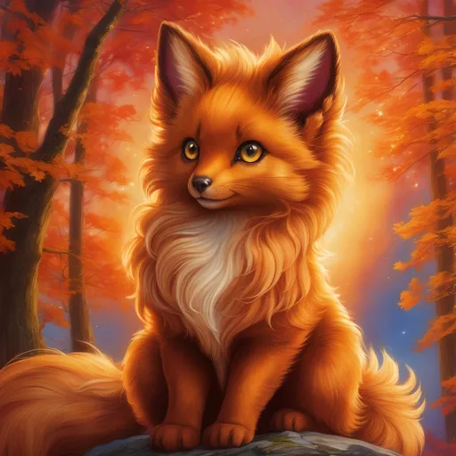 Prompt: {Vulpix}, gleaming hypnotic {chocolate brown eyes}, flame, fire element, feral, frost, detailed artwork, beautiful oil painting, 64k, detailed background, aspen leaves, deep starry sky, lush cliffside, brilliant sunrise sky, big golden ears, beautiful {solid golden brown muzzle}, luxurious {solid golden brown pelt}, big beautiful 8k eyes, mischievous, vivid colors, thick fluffy fur, glowing fiery aura, fire princess, bashful rosy cheeks, timid, bright rosy cheeks, thick billowing mane, intricately detailed fur, beautiful detailed eyes, , by Anne Stokes, golden ratio, perfect proportions, vibrant, hyper detailed, complementary colors, UHD, beautiful detailed background