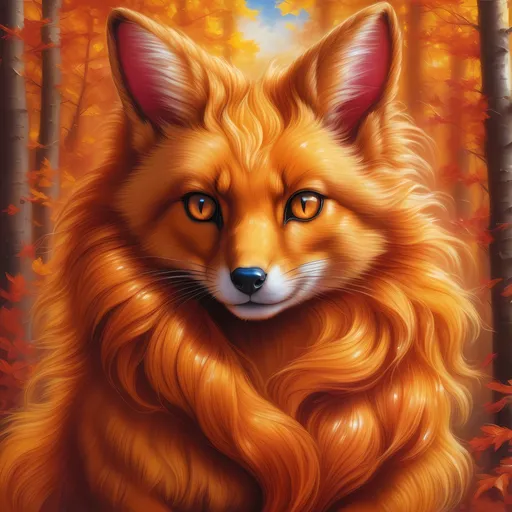 Prompt: Golden {Vulpix}, {golden fur}, gleaming hypnotic {garnet brown eyes}, flame, fire element, feral, frost, detailed artwork, beautiful oil painting, 64k, detailed background, aspen leaves, deep starry sky, lush cliffside, brilliant sunrise sky, big golden ears, beautiful dark muzzle, big beautiful 8k eyes, mischievous, vivid colors, thick fluffy fur, glowing fiery aura, fire princess, bashful rosy cheeks, timid, bright rosy cheeks, thick billowing mane, intricately detailed fur, beautiful detailed eyes, , by Anne Stokes, golden ratio, perfect proportions, vibrant, hyper detailed, complementary colors, UHD, beautiful detailed background