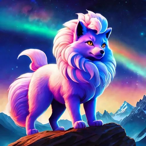 Prompt: {Alolan Vulpix}, growling, wolf, ice element, detailed artwork, portrait, 64k, 3d, detailed background, beautiful auroras, lush cliffside, snowy mountain peaks, brilliant night sky, gleaming hypnotic purple eyes, mischievous, psychedelic colors, thick billowing mane, intricately detailed fur, beautiful detailed eyes, golden ratio, perfect proportions, complementary colors, UHD