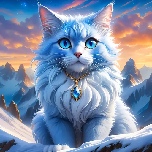 Prompt: warrior cat with {russian blue fur} and {crystal blue eyes}, senior she-cat, ice element, frost, Erin Hunter, gorgeous anime portrait, beautiful cartoon, 2d cartoon, beautiful 8k eyes, elegant {blue fur}, pronounced scar on chest, fine oil painting, modest, gazing at viewer, beaming blue eyes, glistening blue fur, low angle view, zoomed out view of character, 64k, hyper detailed, expressive, timid, graceful, beautiful, expansive silky mane, deep starry sky, golden ratio, precise, perfect proportions, vibrant, standing majestically on a tall crystal stone, hyper detailed, complementary colors, UHD, HDR, top quality artwork, beautiful detailed background, unreal 5, artstaion, deviantart, instagram, professional, masterpiece