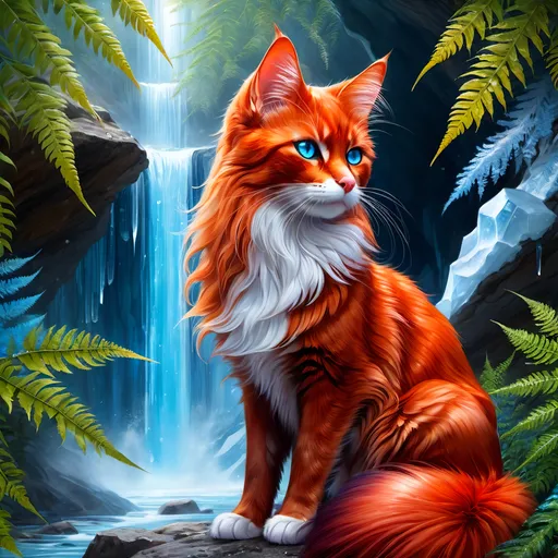 Prompt: warrior cat with {shiny red fur} and {crisp ice blue eyes}, feral, quadruped, young she-cat, by Erin Hunter, gorgeous anime portrait, intense cartoon, beautiful 8k eyes, elegant {scarlet and garnet fur}, {pelt looks like a vixen fox}, fine oil painting, stunning, gorgeous, back view, gazing at viewer, beaming blue eyes, glistening scarlet fur, draped in ferns, snowstorm, ice element, 64k, hyper detailed, expressive, witty, graceful, beautiful, expansive silky mane, crystal mountain cave, secluded crystal river, crystal waterfall, golden ratio, precise, perfect proportions, vibrant, standing majestically on a tall crystal stone, hyper detailed, complementary colors, UHD, HDR, top quality artwork, beautiful detailed background, unreal 5, artstaion, deviantart, instagram, professional, masterpiece