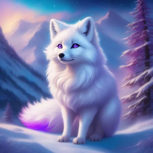 Prompt: {Alolan Vulpix}, arctic fox, gleaming hypnotic {amethyst purple eyes}, frost, ice element, detailed artwork, beautiful oil painting, 64k, detailed background, cosmic auroras, deep starry sky, lush cliffside, snowy mountain peaks, brilliant night sky, big purple ears, big beautiful 8k eyes, mischievous, vivid colors, thick fluffy fur, glowing ice aura, snow princess, timid, bashful rosy cheeks, thick billowing mane, intricately detailed fur, beautiful detailed eyes, golden ratio, perfect proportions, vibrant, hyper detailed, complementary colors, UHD, beautiful detailed background