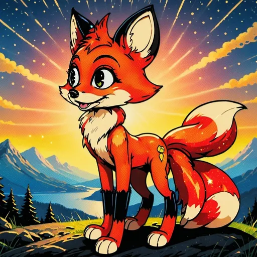 Prompt: (best quality:1.5), (high quality:1.5), (masterpiece:1.5), stunning beautiful 2D manga portrait of (a vixen fox dancing:2), with (gleaming bright fur:2) and (sparkling eyes:2), feral fox, close up, dazzling eyes, crystalline glassy dazzling fur, glassy dazzling tail, sparkling fur highlights, shooting stars, huge beautiful sparkling eyes, surreal, incredibly detailed fur highlights, Pokemon anime, incredibly detailed face, beautiful defined detailed paws, gorgeous anime portrait, soft lighting, studio lighting,  magic fur highlights, extremely smooth fur texture, beautiful 8k eyes, layers of incredibly detailed mountains, wild, nature, close up with sparkling eyes in sharp focus, magical, ethereal, enchanted, highly detailed face, fine anime painting, fire element, stunning, cute, majestic, {coils of long curly silky hair on forehead}, raised tail, gorgeous, gazing at viewer, {bushy silky tail}, beaming eyes, curious eyes, lively, vibrant, vivid colors, confident, lake shore sunrise, perfect reflection, shimmering, beautifully defined legs, beautiful detailed defined shading, french curves, professional shading, sharply focused clouds, highly detailed jagged mountain vista, brilliant sunrise sky, (horizontal background), 64k, hyper detailed, expressive, beautiful, {golden ratio}, symmetric, accurate anatomy, precise, perfect proportions, vibrant, standing majestically on a mountain, hyper detailed, complementary colors, UHD, HDR, top quality artwork, beautiful detailed background, unreal 5, artstaion, deviantart, instagram, professional, 16k