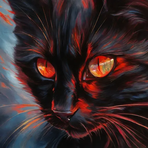 Prompt: warrior cat with jet black fur and scarlet eyes, tom cat, young apprentice, epic anime portrait, beautiful 8k eyes, fine oil painting, intense, wearing shiny bracelet, low angle view, zoomed out view of character,  (unsheathed claws), visible claws, 64k, hyper detailed, expressive, intense, heroic, friendly, aggressive yet compassionate, determined, brawny, thick billowing mane, glistening black fur, prowling through a twilight forest, golden ratio, precise, perfect proportions, vibrant, hyper detailed, complementary colors, UHD, HDR, top quality artwork, beautiful detailed background, unreal 5, artstaion, deviantart, instagram, professional, masterpiece