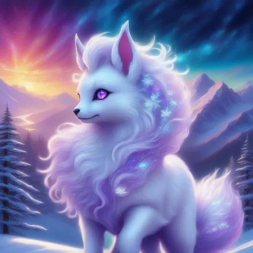 Prompt: remove leg, {Alolan Vulpix}, gleaming hypnotic {amethyst purple eyes}, frost, ice element, detailed artwork, beautiful oil painting, 64k, detailed background, cosmic auroras, deep starry sky, lush cliffside, snowy mountain peaks, brilliant night sky, big purple ears, big beautiful 8k eyes, mischievous, vivid colors, thick fluffy fur, glowing ice aura, snow princess, bashful rosy cheeks, timid, bright rosy cheeks, thick billowing mane, intricately detailed fur, beautiful detailed eyes, , by Anne Stokes, golden ratio, perfect proportions, vibrant, hyper detailed, complementary colors, UHD, beautiful detailed background