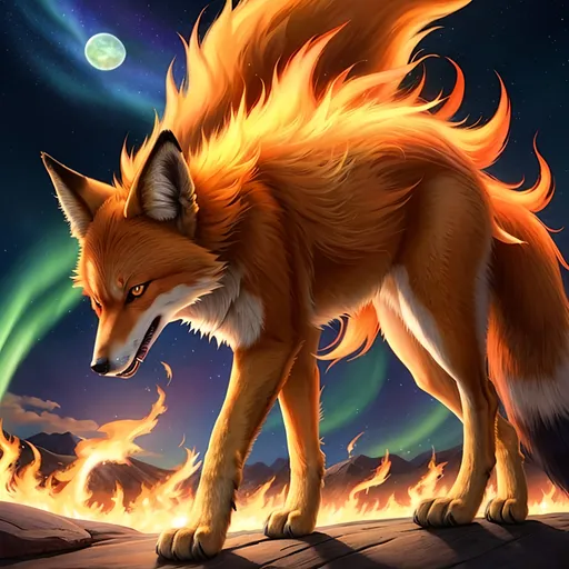 Prompt: {Ninetales}, growling, fox, maned wolf, kitsune, fire element, detailed artwork, portrait, 8k, detailed background, auroras, brilliant night sky, mischievous, thick billowing mane, hyper realism, realistic, hyper realistic