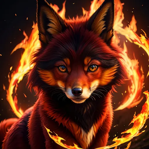 Prompt: (8k, 3D, UHD, ultra sharp, very detailed, masterpiece, detailed oil painting) portrait of fire elemental ((fox)), (canine quadruped), adolescent female, silky crimson-red fur, emerald green eyes, close-up, 8k eyes, youthful, lively, lithe, black fur highlights, long silky hair on crest, (plump), plump figure, umber red mane, solid red belly, beautiful charming grin, graceful, by Anne Stokes, by Yuino Chiri, gold magic fur highlights, vivid colors, vibrant, global illumination, wispy brown ears, wispy ruby-red mane flowers on fur, snow-capped trees, complementary colors, cinematic, forest, rows of pink blossoming sakura trees, billowing mane, professional, unreal engine, dynamic, highly detailed, detailed smiling face, 4k, 64k, UHD
