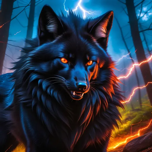 Prompt: young warrior black fox with (solid jet black fur) and scarlet eyes, feral, epic anime portrait, lightning element, crackling lightning, beautiful 8k eyes, fine oil painting, intense, wearing shiny bracelet, low angle view, soft HD fur, (unsheathed claws), visible claws, 64k, hyper detailed, expressive, intense, heroic, friendly, compassionate, brawny, thick billowing mane, fiery colors, psychedelic colors, lightning charged atmosphere, colorful stones, glistening black fur, prowling through a twilight forest,  golden ratio, precise, perfect proportions, vibrant, prowling by a sun-bathed river, hyper detailed, complementary colors, UHD, HDR, top quality artwork, beautiful detailed background, unreal 5, artstaion, deviantart, instagram, professional, masterpiece