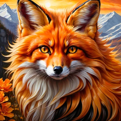 Prompt: detailed oil portrait of a stunning beautiful fox with {broad black and gold stripes} and {sunlit gold eyes}, tortie fox, nine-tailed fox, vitiligo fur, nine fluffy yellow tails, feral, kitsune tails, quadruped, male fox, Warrior cats by Erin Hunter, gorgeous anime portrait, intense cartoon, beautiful 8k eyes, kitsune, fiery, fire element, ice element, frost, detailed fine fur, fine oil painting, stunning, gorgeous, gazing at viewer, beaming eyes, lake shore sunrise, perfect reflection, shimmering, professional shading, sharply focused orange clouds, highly detailed cliffs in foreground, brilliant sunrise on golden sky, (horizontal background), 64k, hyper detailed, expressive, clever, beautiful, thick silky mane, golden ratio, symmetric, accurate anatomy, precise, perfect proportions, vibrant, standing majestically on a mountain, hyper detailed, complementary colors, UHD, HDR, top quality artwork, beautiful detailed background, unreal 5, artstaion, deviantart, instagram, professional, masterpiece