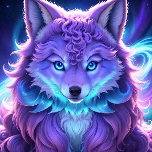 Prompt: {Alolan Vulpix}, growling, wolf, ice element, detailed artwork, portrait, 8k, detailed background, beautiful auroras, brilliant night sky, gleaming hypnotic purple eyes, mischievous, thick billowing mane, beautiful detailed eyes, golden ratio, perfect proportions, complementary colors, UHD