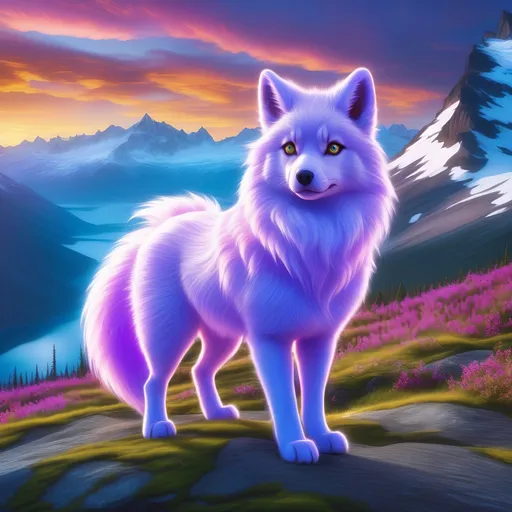 Prompt: {Alolan Vulpix}, Alaskan wolf, ice element, detailed artwork, epic photograph, 64k, 3D, detailed background, beautiful auroras, lush cliffside, snowy mountain peaks, snowy silky lilac fur, brilliant night sky, gleaming hypnotic purple eyes, mischievous, pleasant, cinematic, vivid colors, glowing ice aura, thick billowing mane, intricately detailed fur, beautiful detailed eyes, golden ratio, perfect proportions, vibrant, hyper detailed, complementary colors, UHD, beautiful detailed background, intricate detail, intricate facial detail, highly detailed background, realistic fur, photorealistic fur