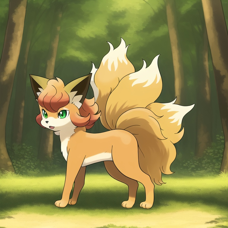 Prompt: Portrait of a beautiful (Vulpix), with bright golden fur and glowing green eyes, feral, in a sunny forest, head turned toward viewer, highly detailed eyes, timid, shy, bashful, rosy cheeks, 4k, UHD, masterpiece