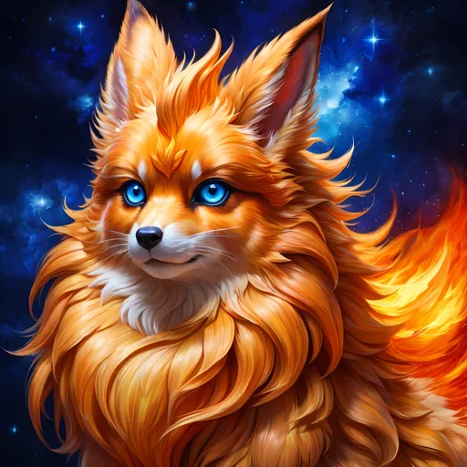 Prompt: Bronze {Flareon}, {copper fur}, gleaming intense (deep sapphire blue eyes:1.5), flame, fire element, fiery colors, feral, frost, detailed artwork, beautiful oil painting, 64k, detailed background, snowy lake, deep starry sky, lush cliffside, brilliant golden sunrise, big golden ears, beautiful dark muzzle, big beautiful 8k eyes, brave, fluffy, plump, vivid colors, thick fluffy fur, glowing fiery aura, thick billowing mane, bright fluffy cheeks, intricately detailed fur, beautiful detailed eyes, by Anne Stokes, golden ratio, perfect proportions, vibrant, hyper detailed, complementary colors, UHD, ultra detailed, beautiful detailed background