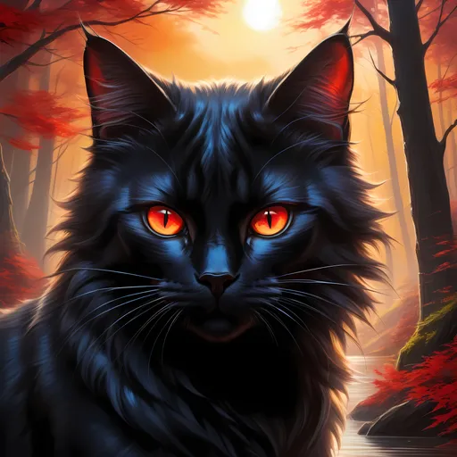 Prompt: warrior cat with jet black fur and scarlet eyes, tom cat, young apprentice, epic anime portrait, beautiful 8k eyes, fine oil painting, intense, wearing shiny bracelet, low angle view, zoomed out view of character,  (unsheathed claws), visible claws, 64k, hyper detailed, expressive, intense, heroic, aggressive, brawny, thick billowing mane, glistening black fur, prowling through a twilight forest,  golden ratio, precise, perfect proportions, vibrant, prowling by a sun-bathed river, hyper detailed, complementary colors, UHD, HDR, top quality artwork, beautiful detailed background, unreal 5, artstaion, deviantart, instagram, professional, masterpiece
