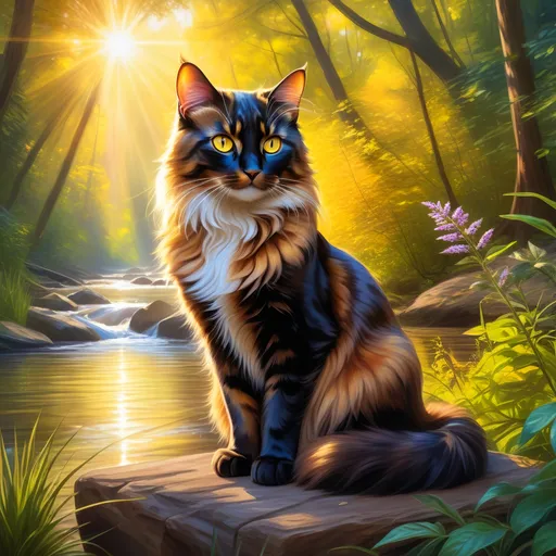 Prompt: warrior cat with {dark tortoiseshell fur} and bright {yellow eyes}, small young beautiful she-cat, epic anime portrait, beautiful 8k eyes, fine oil painting, serene, gazing at viewer, wearing shiny bracelet, lush fantasy forest, surrounded by herbs, 64k, hyper detailed, expressive, intelligent, small, smooth silky fur, thick silky mane, glistening golden fur, golden ratio, precise, perfect proportions, vibrant, sitting by a sun-bathed river, hyper detailed, dynamic, complementary colors, UHD, HDR, top quality artwork, beautiful detailed background, unreal 5, artstaion, deviantart, instagram, professional, masterpiece