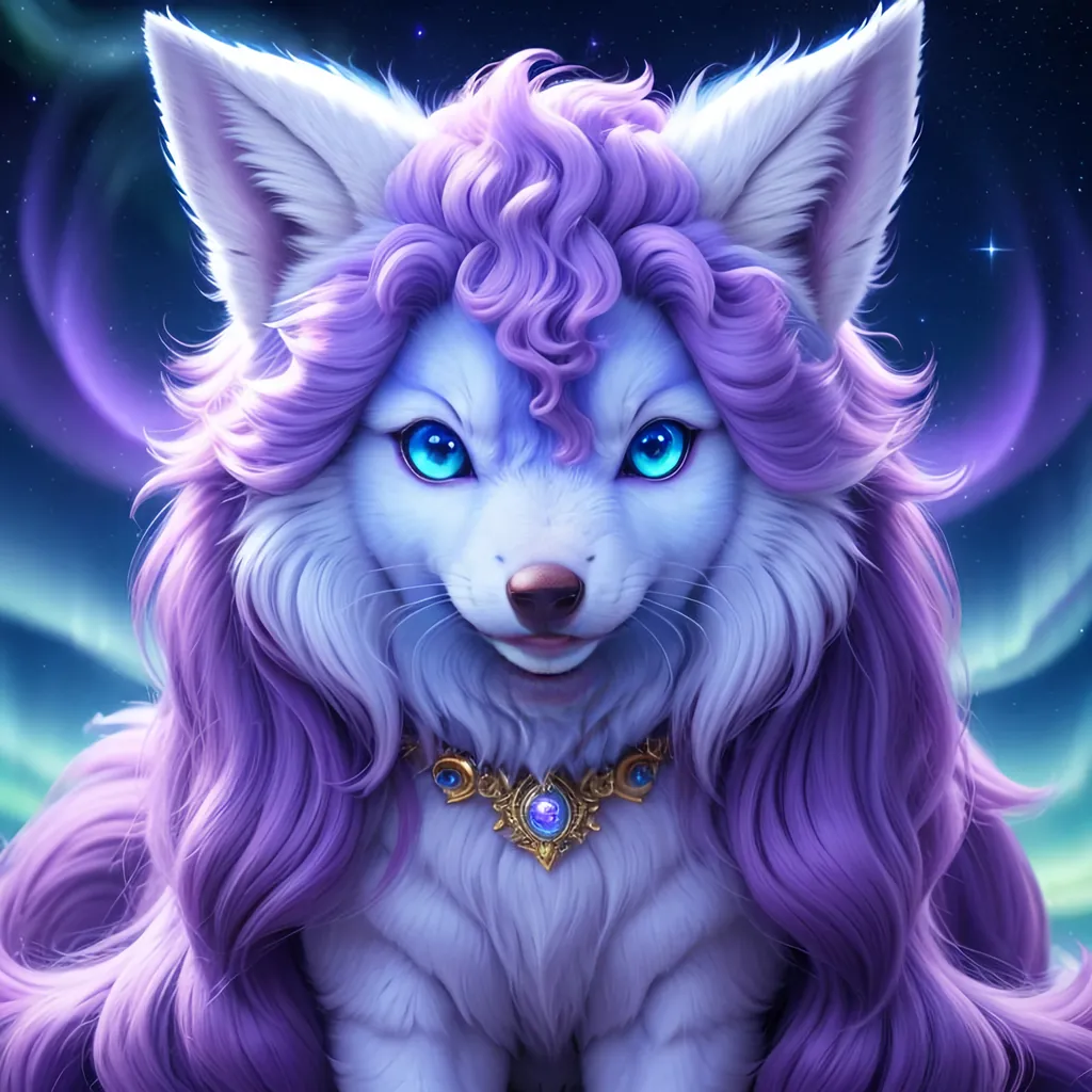 Prompt: {Alolan Vulpix}, growling, wolf, ice element, detailed artwork, portrait, 8k, detailed background, beautiful auroras, brilliant night sky, gleaming hypnotic purple eyes, mischievous, thick billowing mane, beautiful detailed eyes, golden ratio, perfect proportions, complementary colors, UHD