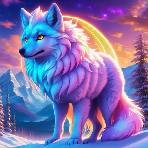 Prompt: {Alolan Vulpix}, growling, Alaskan wolf, ice element, detailed artwork, hyper detailed, 64k, detailed background, beautiful auroras, lush cliffside, snowy mountain peaks, brilliant night sky, gleaming hypnotic {purple eyes}, mischievous, vivid colors, glowing ice aura, thick billowing mane, intense anime portrait, intricately detailed fur, beautiful detailed eyes, golden ratio, perfect proportions, vibrant, hyper detailed, complementary colors, UHD, HDR, beautiful detailed background, unreal 5, artstaion, deviantart