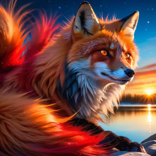 Prompt: beautiful young crimson fox prodigy with (solid crimson fur) and glowing {amber eyes}, feral, epic anime portrait, close up, fiery colors, brilliant sunrise, beautiful 8k eyes, deep starry sky, cosmic auroras, frost, close up, fine oil painting, intense, low angle view, soft HD fur, (unsheathed claws), visible claws, 64k, hyper detailed, expressive, intense, elegant, graceful, silky extravagant mane, deep blue sky, colorful stones, glistening scarlet fur, sprawled at a lake shore, golden ratio, precise, perfect proportions, vibrant, lying by a sun-bathed lake, hyper detailed, complementary colors, UHD, HDR, top quality artwork, beautiful detailed background, unreal 5, artstaion, deviantart, instagram, professional, masterpiece