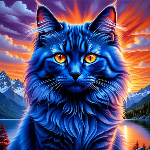 Prompt: detailed oil portrait of a stunning beautiful blue cat with {cobalt blue fur} and {sunset orange eyes}, nine-tailed cat, nine fluffy silver tails, blue nose, feral, kitsune tails, quadruped, tom cat, Warrior cats by Erin Hunter, gorgeous anime portrait, intense cartoon, beautiful 8k eyes, kitsune, nine-tailed fox, ice element, detailed fine fur, fine oil painting, stunning, gorgeous, gazing at viewer, beaming eyes, lake shore sunrise, perfect reflection, shimmering, professional shading, sharply focused red clouds, highly detailed jagged mountain vista, brilliant sunrise on purple sky, (horizontal background), 64k, hyper detailed, expressive, clever, beautiful, thick silky mane, golden ratio, symmetric, accurate anatomy, precise, perfect proportions, vibrant, standing majestically on a mountain, hyper detailed, complementary colors, UHD, HDR, top quality artwork, beautiful detailed background, unreal 5, artstaion, deviantart, instagram, professional, masterpiece