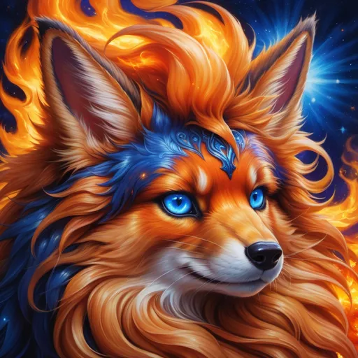 Prompt: Bronze {Flareon}, {copper fur}, gleaming intense (deep sapphire blue eyes:1.5), flame, fire element, fiery colors, feral, frost, detailed artwork, beautiful oil painting, 64k, detailed background, snowy lake, deep starry sky, lush cliffside, brilliant golden sunrise, big golden ears, beautiful dark muzzle, big beautiful 8k eyes, brave, fluffy, plump, vivid colors, thick fluffy fur, glowing fiery aura, thick billowing mane, bright fluffy cheeks, intricately detailed fur, beautiful detailed eyes, by Anne Stokes, golden ratio, perfect proportions, vibrant, hyper detailed, complementary colors, UHD, ultra detailed, beautiful detailed background