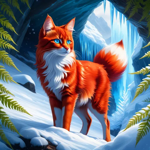 Prompt: warrior cat with {shiny red fur} and {crisp ice blue eyes}, feral, quadruped, young she-cat, by Erin Hunter, gorgeous anime portrait, intense cartoon, beautiful 8k eyes, elegant {scarlet and garnet fur}, {pelt looks like a vixen fox}, fine oil painting, stunning, gorgeous, back view, gazing at viewer, beaming blue eyes, looking back, rear view, looking over shoulder, glistening scarlet fur, draped in ferns, snowstorm, ice element, 64k, hyper detailed, expressive, witty, graceful, beautiful, expansive silky mane, crystal mountain cave, secluded crystal river, golden ratio, precise, perfect proportions, vibrant, standing majestically on a tall crystal stone, hyper detailed, complementary colors, UHD, HDR, top quality artwork, beautiful detailed background, unreal 5, artstaion, deviantart, instagram, professional, masterpiece