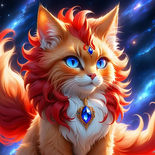 Prompt: hero cat with {red fur} and {sapphire blue eyes}, senior female cat, fire element, flame, Erin Hunter, gorgeous anime portrait, beautiful cartoon, 2d cartoon, beautiful 8k eyes, elegant {red fur}, glossy sheen fur, pronounced scar on chest, fine oil painting, modest, gazing at viewer, beaming red eyes, glistening red fur, low angle view, zoomed out view of character, 64k, hyper detailed, expressive, timid, graceful, beautiful, expansive silky mane, deep starry sky, golden ratio, precise, perfect proportions, vibrant, standing majestically on a tall crystal stone, hyper detailed, complementary colors, UHD, HDR, top quality artwork, beautiful detailed background, unreal 5, artstaion, deviantart, instagram, professional, masterpiece