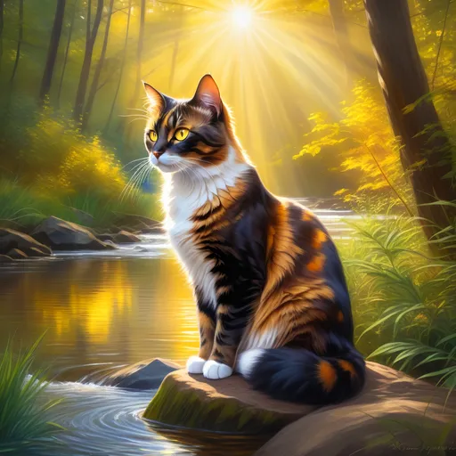 Prompt: warrior cat with {dark tortoiseshell fur} and bright {yellow eyes}, small young beautiful she-cat, epic anime portrait, beautiful 8k eyes, fine oil painting, serene, gazing at viewer, wearing shiny bracelet, lush fantasy forest, surrounded by herbs, 64k, hyper detailed, expressive, intelligent, small, smooth silky fur, thick silky mane, glistening golden fur, golden ratio, precise, perfect proportions, vibrant, sitting by a sun-bathed river, hyper detailed, dynamic, complementary colors, UHD, HDR, top quality artwork, beautiful detailed background, unreal 5, artstaion, deviantart, instagram, professional, masterpiece