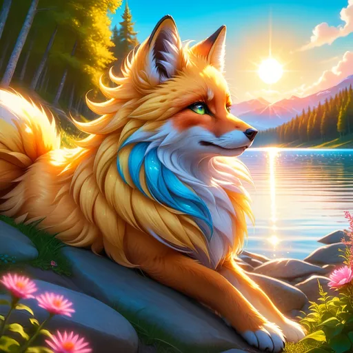 Prompt: beautiful young golden fox prodigy with (white-gold fur) and glowing {ruby pink eyes}, {sky blue paws and ears, curly blue hair}, feral, epic anime portrait, close up, sunny colors, brilliant sunrise, beautiful 8k eyes, light fluffy clouds, lush verdant greenery, close up, fine oil painting, low angle view, soft HD fur, (unsheathed claws), visible claws, 64k, hyper detailed, expressive, energetic, vibrant, fluffy mane, petite, deep blue sky, colorful stones, glistening golden fur, bashful rosy cheeks, sprawled at a lake shore, golden ratio, precise, perfect proportions, vibrant colors, vivid colors, lying by a sun-bathed lake, hyper detailed, complementary colors, UHD, HDR, top quality artwork, beautiful detailed background, unreal 5, artstaion, deviantart, instagram, professional, masterpiece