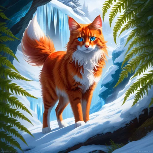 Prompt: warrior cat with {shiny red fur} and {crisp ice blue eyes}, feral, quadruped, young she-cat, by Erin Hunter, gorgeous anime portrait, intense cartoon, beautiful 8k eyes, elegant {scarlet and garnet fur}, {pelt looks like a vixen fox}, fine oil painting, stunning, gorgeous, back view, gazing at viewer, beaming blue eyes, looking back, rear view, looking over shoulder, glistening scarlet fur, draped in ferns, snowstorm, ice element, 64k, hyper detailed, expressive, witty, graceful, beautiful, expansive silky mane, crystal mountain cave, secluded crystal river, golden ratio, precise, perfect proportions, vibrant, standing majestically on a tall crystal stone, hyper detailed, complementary colors, UHD, HDR, top quality artwork, beautiful detailed background, unreal 5, artstaion, deviantart, instagram, professional, masterpiece