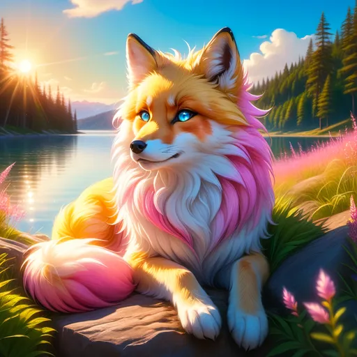 Prompt: beautiful young golden fox prodigy with (white-gold fur) and glowing {ruby pink eyes}, {sky blue paws and ears, curly blue hair}, feral, epic anime portrait, close up, sunny colors, brilliant sunrise, beautiful 8k eyes, light fluffy clouds, lush verdant greenery, close up, fine oil painting, low angle view, soft HD fur, (unsheathed claws), visible claws, 64k, hyper detailed, expressive, energetic, vibrant, fluffy mane, petite, deep blue sky, colorful stones, glistening golden fur, bashful rosy cheeks, sprawled at a lake shore, golden ratio, precise, perfect proportions, vibrant colors, vivid colors, lying by a sun-bathed lake, hyper detailed, complementary colors, UHD, HDR, top quality artwork, beautiful detailed background, unreal 5, artstaion, deviantart, instagram, professional, masterpiece