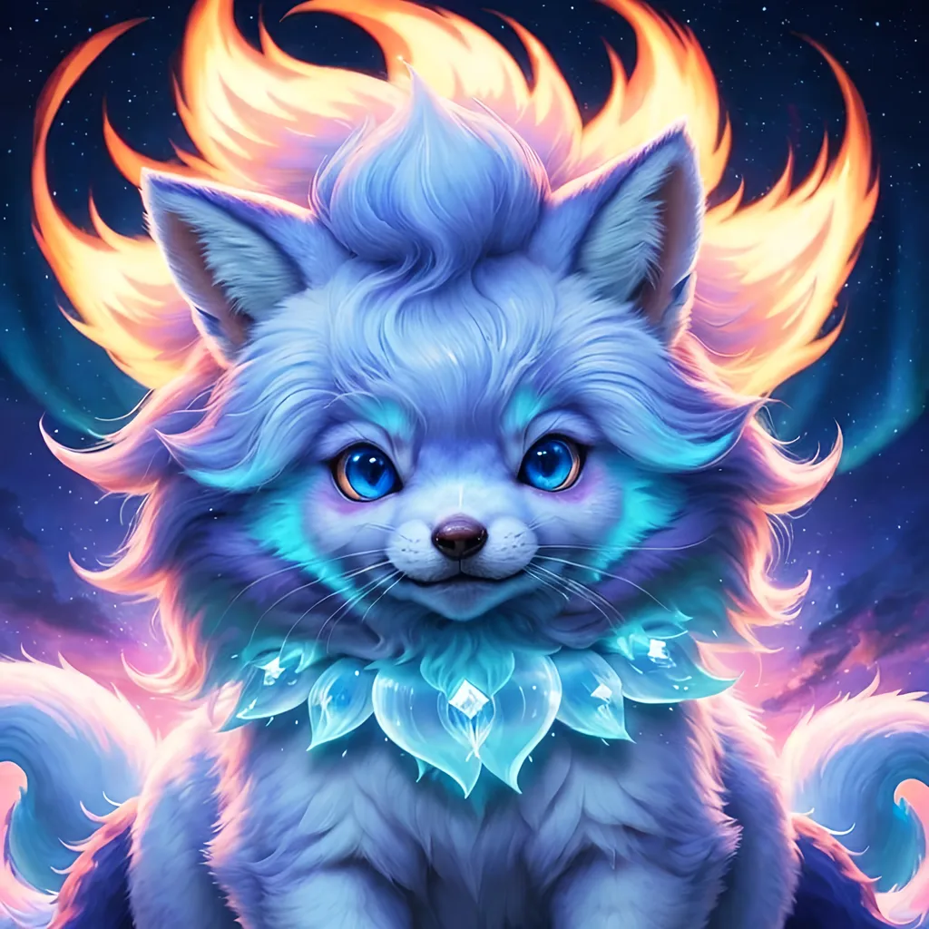 Prompt: {Alolan Vulpix}, growling, fox, kitsune, ice element, detailed artwork, portrait, 8k, detailed background, auroras, brilliant night sky, mischievous, thick billowing mane, hyper realism, realistic, hyper realistic