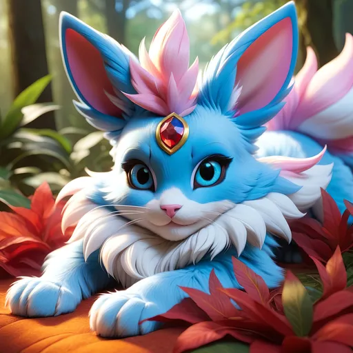 Prompt: (blue Sylveon), realistic, photograph, fantasy, (hyper real), furry, (hyper detailed), extremely beautiful, (on back), playful, UHD, studio lighting, best quality, professional, epic oil painting, ray tracing, 8k eyes, 8k, highly detailed, highly detailed fur, hyper realistic thick fur, canine quadruped, (high quality fur), fluffy, fuzzy, full body shot, hyper detailed eyes, perfect composition, hyper realistic depth, ray tracing, vector art, masterpiece, trending, instagram, artstation, deviantart, best art, best photograph, unreal engine, high octane, cute, adorable smile, lying on back, flipped on back, lazy, peaceful, (highly detailed background), vivid, vibrant, intricate facial detail, incredibly sharp detailed eyes, incredibly realistic scarlet fur, concept art, anne stokes, yuino chiri, character reveal, extremely detailed fur, sapphire sky, complementary colors, golden ratio, rich shading, vivid colors, high saturation colors, nintendo, pokemon, silver light beams