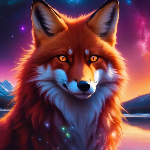 Prompt: portrait of a beautiful young crimson fox prodigy with (glistening crimson fur) and glowing jubilant {amber eyes}, feral, beautiful vixen, epic anime portrait, close up, fiery colors, brilliant sunrise, big beautiful 8k eyes, deep starry sky, cosmic auroras, epic fantasy landscape, frost, close up, fine oil painting, intense, low angle view, soft HD fur, 64k, hyper detailed, expressive, intense, elegant, graceful, silky extravagant mane, black fur lighlights, deep purple sky, colorful stones, glistening scarlet fur, sprawled at a lake shore, golden ratio, precise, perfect proportions, vibrant, lying by a sun-bathed lake, hyper detailed, complementary colors, UHD, HDR, top quality artwork, beautiful detailed background, unreal 5, artstaion, deviantart, instagram, professional, masterpiece