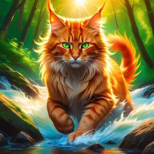 Prompt: warrior cat with {fiery orange fur} and bright green eyes, young male fire cat, epic anime portrait, beautiful 8k eyes, fine oil painting, intense, lunging at viewer, wearing shiny bracelet, solid red belly, lush fantasy forest, zoomed out view of character,  (unsheathed claws), visible claws, 64k, hyper detailed, expressive, intense, hissing cat, aggressive, intelligent, lithe, small, covered in scratches and scars, thick billowing mane, glistening golden fur, golden ratio, precise, perfect proportions, vibrant, prowling by a sun-bathed river, hyper detailed, dynamic, complementary colors, UHD, HDR, top quality artwork, beautiful detailed background, unreal 5, artstaion, deviantart, instagram, professional, masterpiece