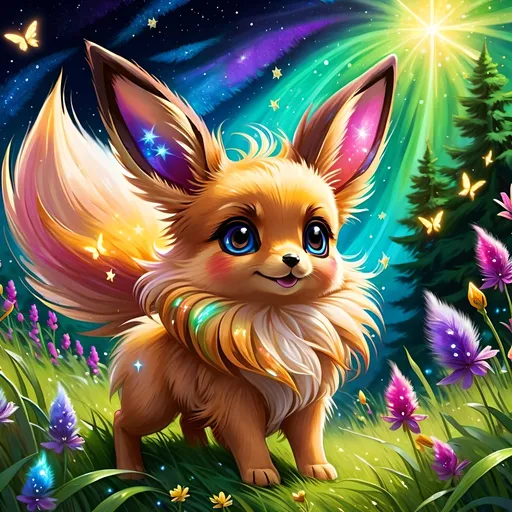 Prompt: (best quality: 1.5), (high quality:1.5), (intricate detail: 1.5), painting of an insanely beautiful magical Eevee, furry, fuzzy, happy, jubilant, magical, fairy dust, twinkling, bright colors, sparkling fur, shimmering, glistening, fairy dust in fur, dancing, running through a field, cute, vivid colors, vibrant colors, up close, close up, auroras, aurora halo, surreal, UHD, horizontal background, professional shading, 3D painting, depth, running toward viewer, insanely detailed background, insanely detailed fur, ultra detailed illustration, immaculate fur, fantasy, flying, professional digital painting, expressive face, beautiful eyes, 8k eyes, artstation, deviantart, trending, hyper detailed, stunning, breathtaking, beautiful, graceful, ethereal, enchanting, enchanted grassland, sparkling fireflies, breezy summer night, starry sky, 8k, 16k, 64k, unreal engine, perfect pose, golden ratio, symmetric, perfect proportions