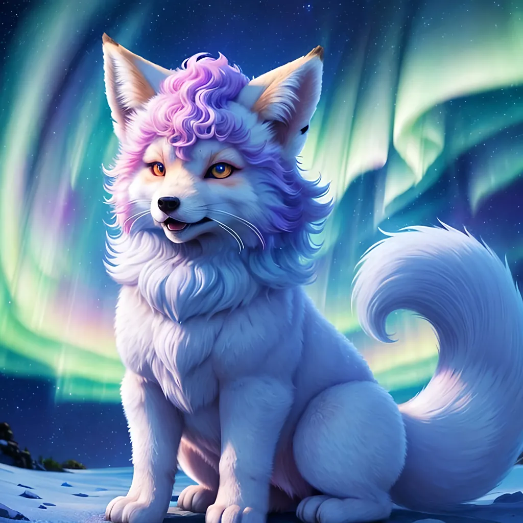 Prompt: {Alolan Vulpix}, growling, fox, kitsune, ice element, detailed artwork, portrait, 8k, detailed background, auroras, brilliant night sky, mischievous, thick billowing mane, hyper realism, realistic, hyper realistic