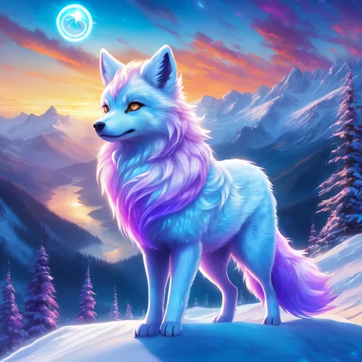 Prompt: {Alolan Vulpix}, growling, Alaskan wolf, ice element, detailed artwork, hyper detailed, 64k, detailed background, beautiful auroras, lush cliffside, snowy mountain peaks, brilliant night sky, gleaming hypnotic {purple eyes}, mischievous, vivid colors, glowing ice aura, thick billowing mane, intense anime portrait, intricately detailed fur, ice blue fur highlights, ice storm, ice halo, beautiful detailed eyes, golden ratio, precise, perfect proportions, vibrant, hyper detailed, complementary colors, UHD, HDR, beautiful detailed background, unreal 5, artstaion, deviantart