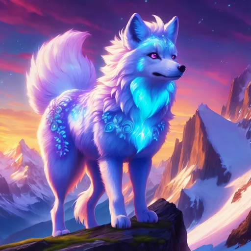 Prompt: {Alolan Vulpix}, growling, Alaskan wolf, ice element, detailed artwork, epic photograph, 64k, detailed background, beautiful auroras, lush cliffside, snowy mountain peaks, brilliant night sky, gleaming hypnotic {purple eyes}, mischievous, vivid colors, glowing ice aura, thick billowing mane, intricately detailed fur, beautiful detailed eyes, golden ratio, perfect proportions, vibrant, hyper detailed, complementary colors, UHD, HDR, beautiful detailed background, unreal 5, artstaion, deviantart