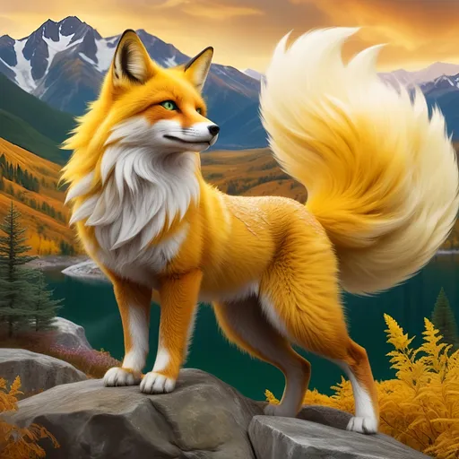 Prompt: beautiful bright gold fox champion with yellow fur and {forest green eyes}, kitsune, feral fox, nine-tailed fox, brawny, fierce, fire element, plant element, close up, detailed background, lush lakeside mountains background, highly detailed, accurate anatomy, highly detailed face