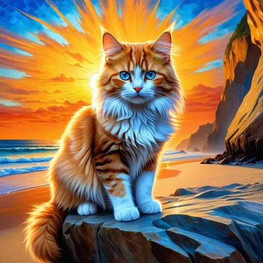 Prompt: portrait of a stunning beautiful cat with {smoky orange and silver fur} and {crisp ice blue and gold eyes}, feral, quadruped, young tom cat, Warrior cats by Erin Hunter, gorgeous anime portrait, intense cartoon, beautiful 8k eyes, {pelt shines like the sun}, fire element, fine oil painting, Van gogh style, stunning, gorgeous, gazing at viewer, beaming eyes, beach shore sunrise, 64k, hyper detailed, expressive, clever, beautiful, scruffy mane, beach cave, golden ratio, precise, perfect proportions, vibrant, standing majestically on a tall crystal stone, hyper detailed, complementary colors, UHD, HDR, top quality artwork, beautiful detailed background, unreal 5, artstaion, deviantart, instagram, professional, masterpiece