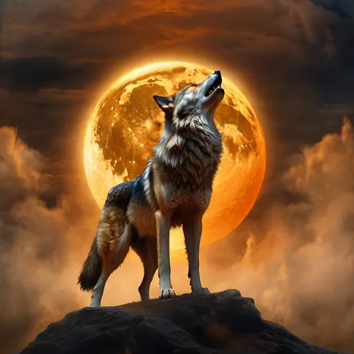 Prompt: epic wolf howling at {golden moon}, billowing wild fur, haunting orange eyes, 64k, realistic, photograph, spooky, haunting, foggy, studio lighting, highly detailed, intricately detailed, hyper realism, cinematic, highly detailed background