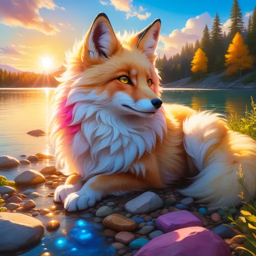 Prompt: beautiful young golden fox prodigy with (white-gold fur) and glowing {ruby pink eyes}, {sky blue paws and ears, curly blue hair}, feral, epic anime portrait, close up, sunny colors, brilliant sunrise, beautiful 8k eyes, light fluffy clouds, lush verdant greenery, close up, fine oil painting, low angle view, soft HD fur, (unsheathed claws), visible claws, 64k, hyper detailed, expressive, energetic, vibrant, fluffy mane, petite, deep blue sky, colorful stones, glistening golden fur, sprawled at a lake shore, golden ratio, precise, perfect proportions, vibrant colors, vivid colors, lying by a sun-bathed lake, hyper detailed, complementary colors, UHD, HDR, top quality artwork, beautiful detailed background, unreal 5, artstaion, deviantart, instagram, professional, masterpiece