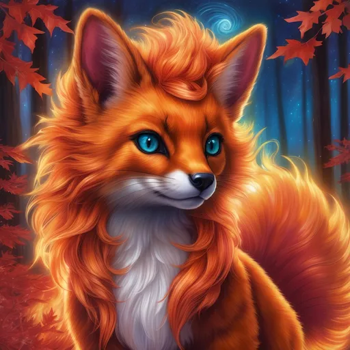 Prompt: {Vulpix}, gleaming hypnotic {garnet brown eyes}, flame, fire element, feral, frost, detailed artwork, beautiful oil painting, 64k, detailed background, aspen leaves, deep starry sky, lush cliffside, brilliant sunrise sky, big golden ears, beautiful dark muzzle, big beautiful 8k eyes, mischievous, vivid colors, thick fluffy fur, glowing fiery aura, fire princess, bashful rosy cheeks, timid, bright rosy cheeks, thick billowing mane, intricately detailed fur, beautiful detailed eyes, , by Anne Stokes, golden ratio, perfect proportions, vibrant, hyper detailed, complementary colors, UHD, beautiful detailed background