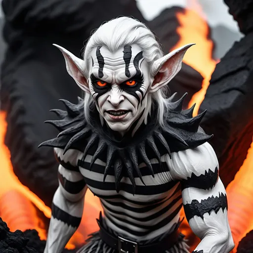 Prompt: a scary realistic human with elf ears ,scaley skin  black eyes ,white skin with black  stripes ,,sharp teeth , massive sharp hands , standing next to lava