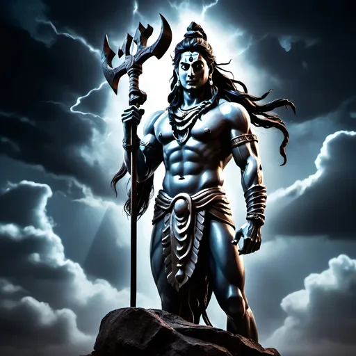 Prompt: Lord Shiva stands menacingly with a dark colour palette. He wields his trident in one hand and Thor's hammer Mjollnir in the other 