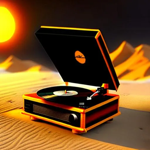 Prompt: a record player in the desert far away. zoomed out. small. realistic. 3d. blender. unreal engine